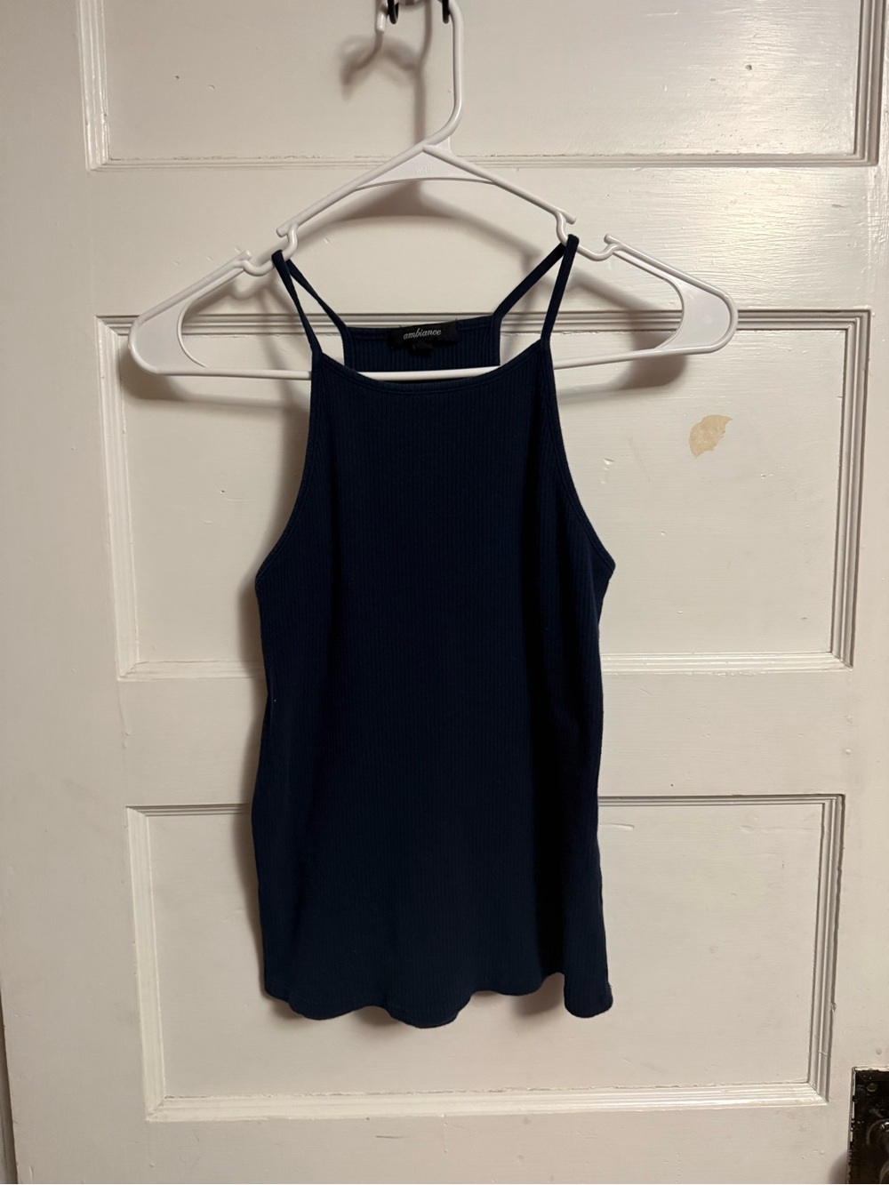 Ambiance navy blue ribbed tank top w/spaghetti straps and high neckline Size: L